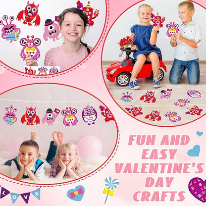 Qyeahkj 36 Sets Valentine's Day Monster Craft Kits for Kids DIY Valentines Monster Ornament Craft Sets Hanging Valentines Day Paper Card Gifts for Valentine Spring Party Class Activity Game Toys