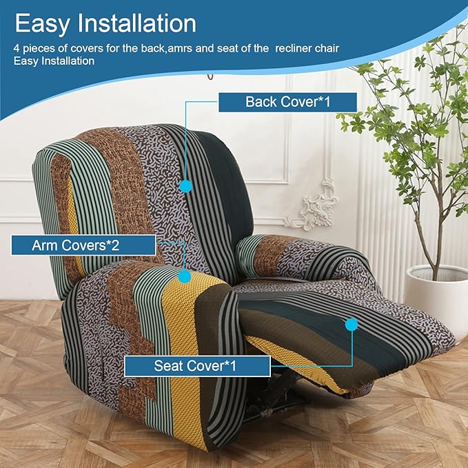 NILUOH Recliner Chair Covers 4-Pieces Stretch Lazy Boy Recliner Covers with Pocket Floral Pattern Reclining Slipcovers Soft Sofa Slipcover Furniture Protector for Pets Kids (Recliner, Pattern 21)