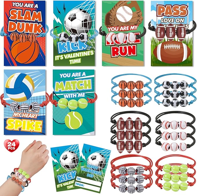 Valentines Day Cards for Kids, 24 Pack Adjustable Sports Charm Bracelets with Valentines Day Cards for Valentine School Party Favors for Kids Boys Girls, Kids Exchange Valentines Day Gifts