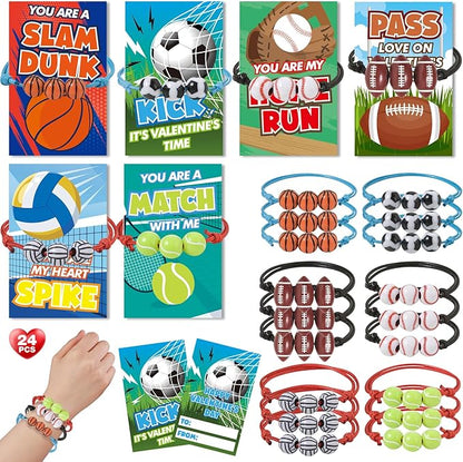 Valentines Day Cards for Kids, 24 Pack Adjustable Sports Charm Bracelets with Valentines Day Cards for Valentine School Party Favors for Kids Boys Girls, Kids Exchange Valentines Day Gifts