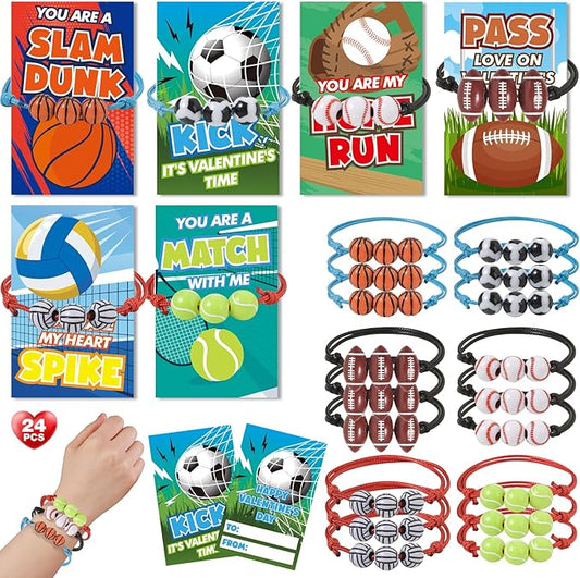 Valentines Day Cards for Kids, 24 Pack Adjustable Sports Charm Bracelets with Valentines Day Cards for Valentine School Party Favors for Kids Boys Girls, Kids Exchange Valentines Day Gifts