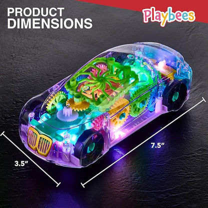 Playbees Light-Up Transparent Car Toy, Toys for Autistic Kids Ages 3-5 Sensory Toy for Kids with Autism Special Needs Toys, Bump and Go Toys for Toddlers Music and LED Effects Great Gift Idea
