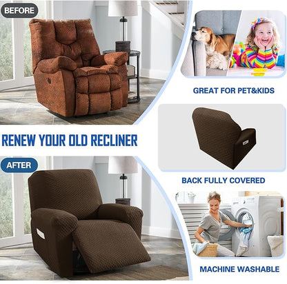 MAXIJIN Latest Recliner Slipcovers for Living Room 4 Pieces Stretch Jacquard Recliner Chair Cover Soft Fitted Recliner Protector with Elastic Bottom for Kids, Pets (Recliner, Dark Coffee)