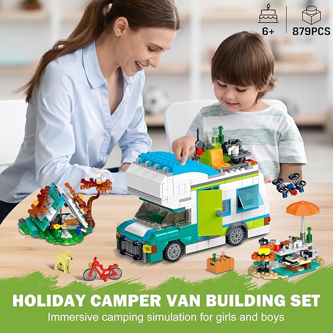 HOGOKIDS City Camper Van Building Set with LED Light - 3-IN-1 Holiday RV Camping Building Toy for Kids 879PCS with Tent BBQ Grill Vehicles Friends Creative Adventure Gift for Boys Girls 6-12 Years Old