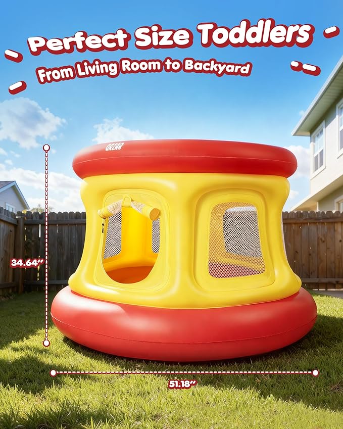 All-in-1 Inflatable Bounce House Trampoline for Toddlers 1-3, with Manual Air Pump, Thick Textured Non-Slip PVC, Safety Net, Kids Indoor and Outdoor Play(51'', Balls not Included)