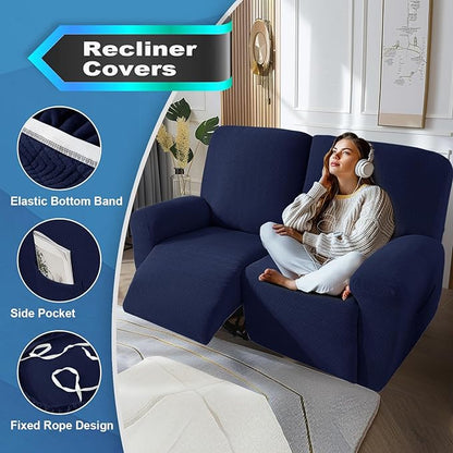 JIVINER 4 Pieces Recliner Loveseat Covers Stretch Recliner Sofa Slipcover with Elastic Bottom Jacquard Fitted Reclining Couch Cover Furniture Protector with Pockets (2 Seater, Navy Blue)