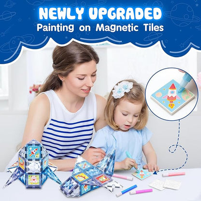 Magnetic Tiles Building Blocks, DIY Colorful Glue Gel Graffiti Painting Magnet Building Sets,STEM Educational Toys for Kids Compatible with Other Magnetic 3D Building Blocks