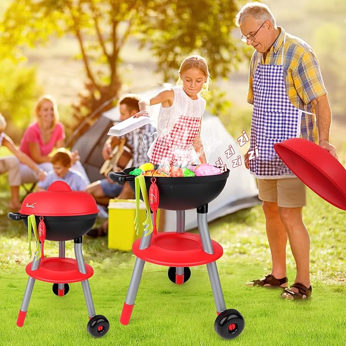 deAO Kids BBQ Grill Playset,36 Pcs Kitchen Toy with Realistic Smoke,Light,6Pcs Change Color Pretend Foods,Cutting Foods Toys,Interactive BBQ Toy Set for Kids