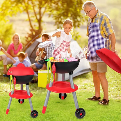 deAO Kids BBQ Grill Playset,36 Pcs Kitchen Toy with Realistic Smoke,Light,6Pcs Change Color Pretend Foods,Cutting Foods Toys,Interactive BBQ Toy Set for Kids