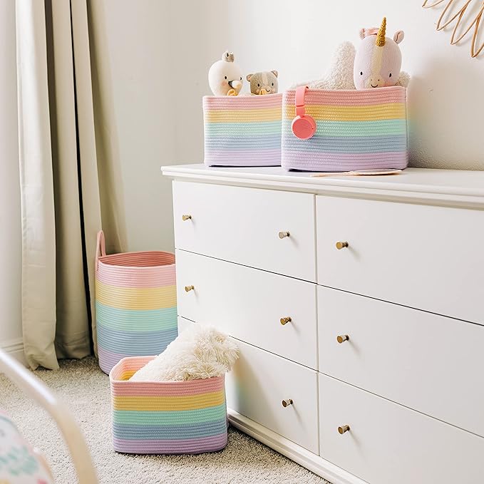 OrganiHaus Pastel Rainbow Basket - Colorful Woven Storage Basket for Playroom, Nursery & Classroom Decor & Toy Storage, 15x9x10