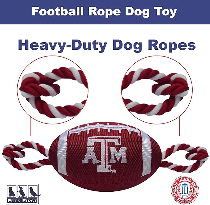 Pets First NCAA Texas A&M Aggies Football Dog Toy, Tough Quality Nylon Materials, Strong Pull Ropes, Inner Squeaker, Collegiate Team Color