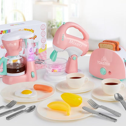 Joyin Play Kitchen Toys, Pretend Play Kitchen Appliances Toy Set with Coffee Maker, Mixer, Toaster with Realistic Lights& Sounds, Birthday Gift for Kids Ages 3+, Pink