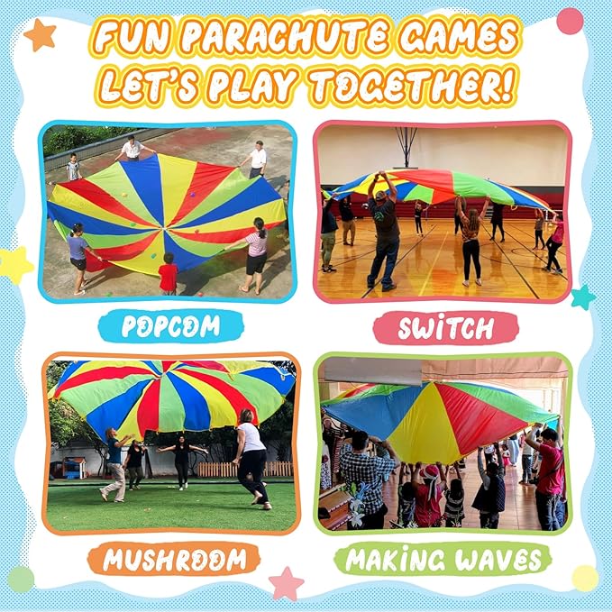 Sonyabecca Parachute, Play Parachute 24ft with 16 Handles for Kids Cooperation Group Play