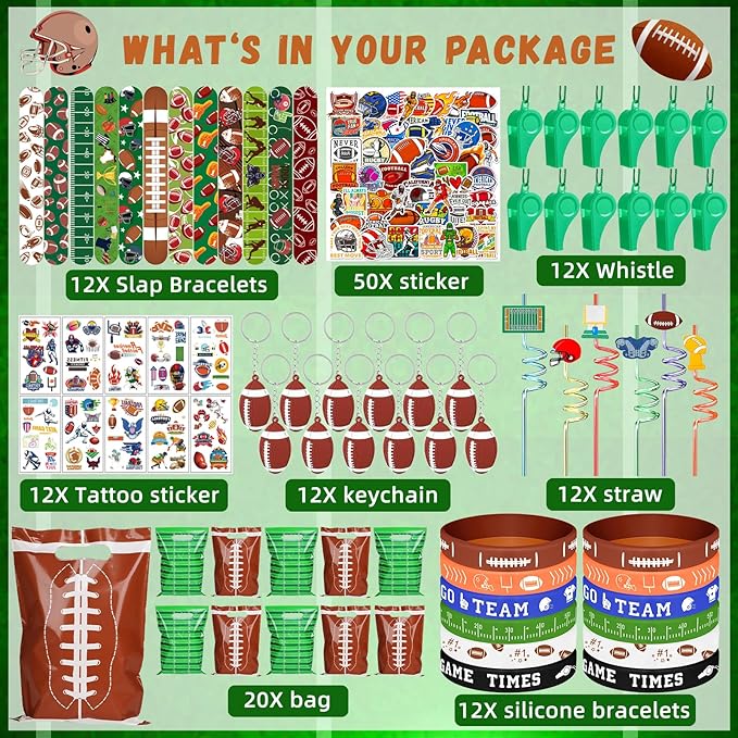 134 Pcs Football Party Favors Set 12 Silicone Bracelet 12 Whistles 12 Keychains 12 Slap Bracelet 12 Tattoo Stickers 12 Plastic Straws 12 Gift Bags 50 Football Stickers for Football Party Supplies