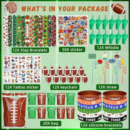 134 Pcs Football Party Favors Set 12 Silicone Bracelet 12 Whistles 12 Keychains 12 Slap Bracelet 12 Tattoo Stickers 12 Plastic Straws 12 Gift Bags 50 Football Stickers for Football Party Supplies