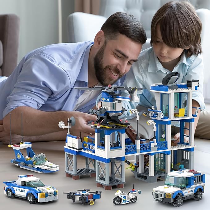 City Police Station Toy Building Set - 890 Pieces Helicopter, Police Car and Truck, Patrol Boat, Coast Guard Headquarter Toy - Ideal Creative Roleplay Gift for Kids, Boys, and Girls Ages 6-14