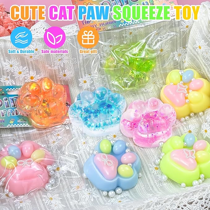 4Pcs Taba Squishies Paw, Cat Paw Squishies Toy, Clear Sticky Squeeze Toys, Soft Silicone Fidget Sensory Toys for Stress Relief, Cute Things Party Favors & OPP Packaging Gifts for Adults Kids