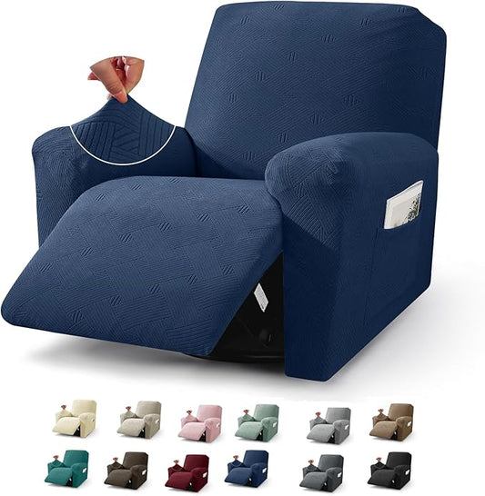 JIVINER Recliner Chair Covers, Jacquard 3 Piece Slipcovers for Recliner Chair Soft Stretch Lazy Boy 1 Seater Reclining Protector with Pockets (Recliner, Navy Blue)
