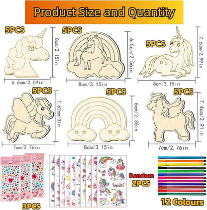 398 Pcs Unicorn Crafts, Wooden Painting Crafts for Kids, Wooden Crafts With 30 Wooden Blocks 354 Rhinestones 12 Color Pens 2 Stickers, Kids Crafts, DIY Crafts and Birthday Party Gifts for Kids