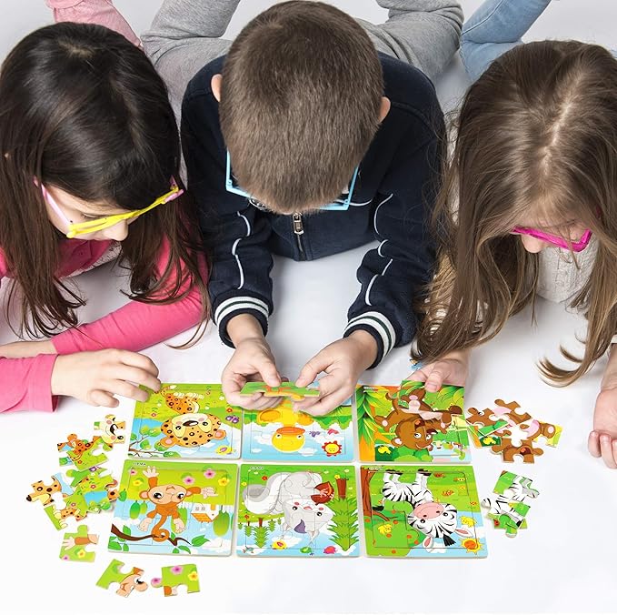 SYNARRY 6 Pack Wooden Jigsaw Puzzles for Kids Ages 2-5 Years Old, 9 Pieces Toddlers Animal Puzzles, Educational Preschool Learning Toys for Children Boys and Girls, Best Kids Puzzle Toys & Gifts