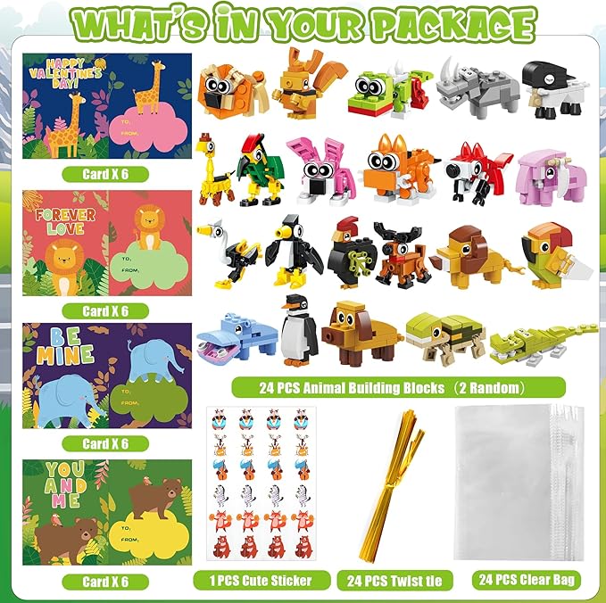Erweicet Valentines Day Gifts for Kids 24 PCS Animals Building Blocks with Valentines Gift Cards for Kids Boys Girls Classroom Gift Exchange