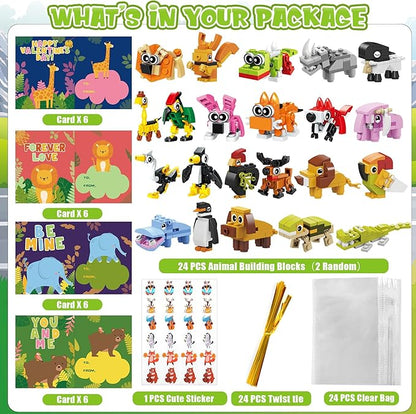 Erweicet Valentines Day Gifts for Kids 24 PCS Animals Building Blocks with Valentines Gift Cards for Kids Boys Girls Classroom Gift Exchange