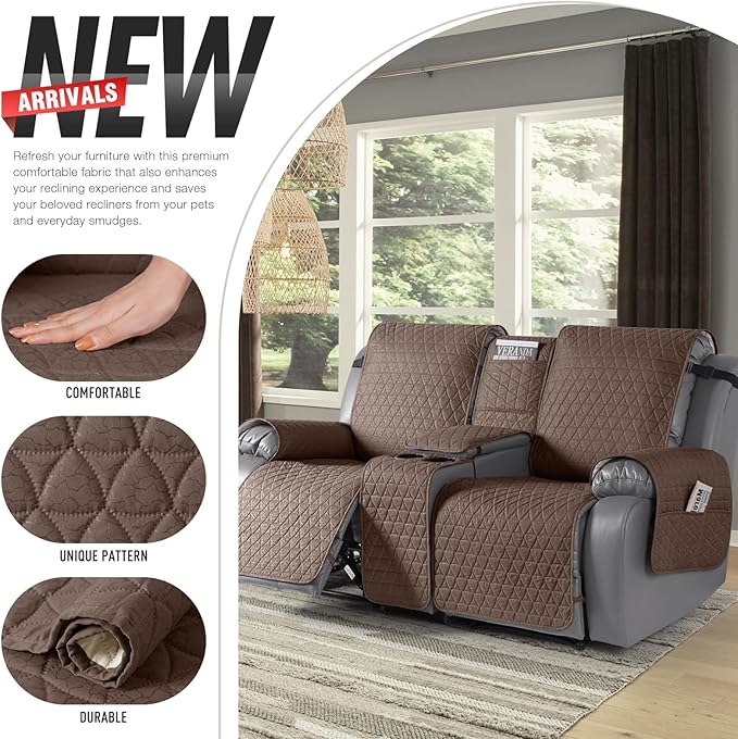 TAOCOCO 100% Waterproof Recliner Cover -Loveseat Recliner Cover with Center Console,Non-Slip Reclining Couch Covers for 2 Seat,with Elastic Straps Pocket for Kids, Dogs, Pets (Brown, 2 Seater XL)