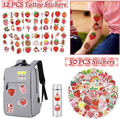 Strawberry Party Favors 110PCS Strawberry Theme Slap Bracelets Stickers Key Chains Badge Gift Bags Temporary Tattoos for Kids Baby Shower Berry First Birthday Party Supplies Decorations