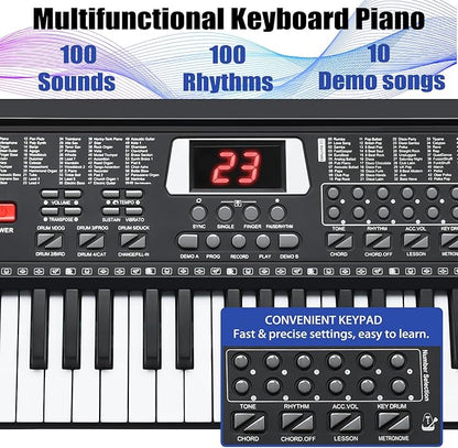 61 Key Keyboard Piano, Portable Electronic Keyboard Piano for Beginners with Speakers, Microphone, Sheet Music Stand, 100 Voices, 100 Rhythms, Digital Music Keyboard Built-In Speakers - Black