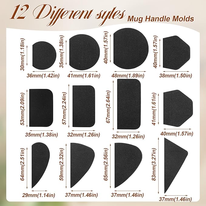 Juexica 3 Pcs Cup Pottery Molds 2.5'', 2.8'', 3.1'' with 12 Pcs Mug Handle Forms Shaping Tool Wood Slump Press 3 Sizes Clay Molds for DIY Cup Mug Art Making