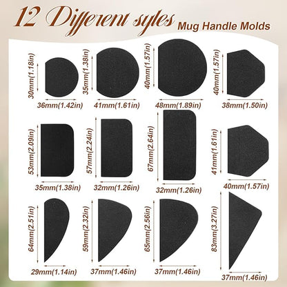 Juexica 3 Pcs Cup Pottery Molds 2.5'', 2.8'', 3.1'' with 12 Pcs Mug Handle Forms Shaping Tool Wood Slump Press 3 Sizes Clay Molds for DIY Cup Mug Art Making