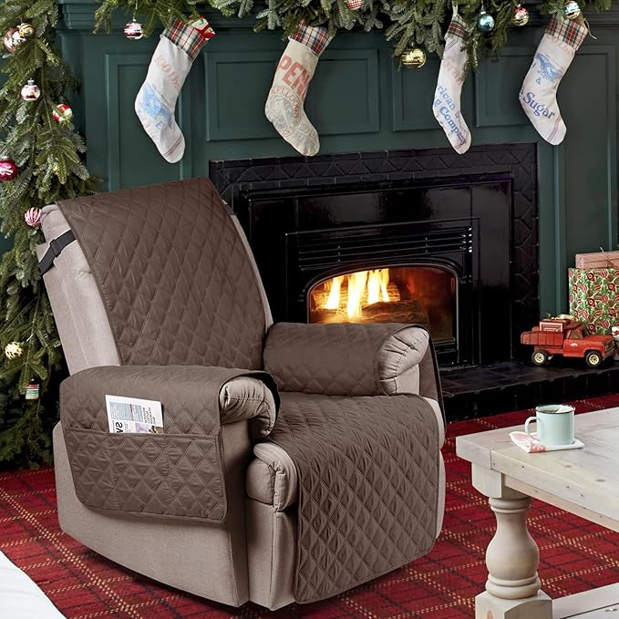 Ruaozz 100% Waterproof Recliner Chair Cover Non-Slip Oversized Reclining Cover for Large Recliner Chair Washable Chair Seat Cover with Elastic Straps for Kids, Dogs, Pets (Brown, 28'')