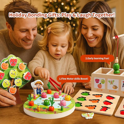 INIFEIDALA Montessori Wooden Preschool Educational Toy Ages 3-5 - Apple Picking Magnetic Fruit Tree, Shape Color Sorter, Carrot Harvest & Fishing Game - Fine Motor Skills Development