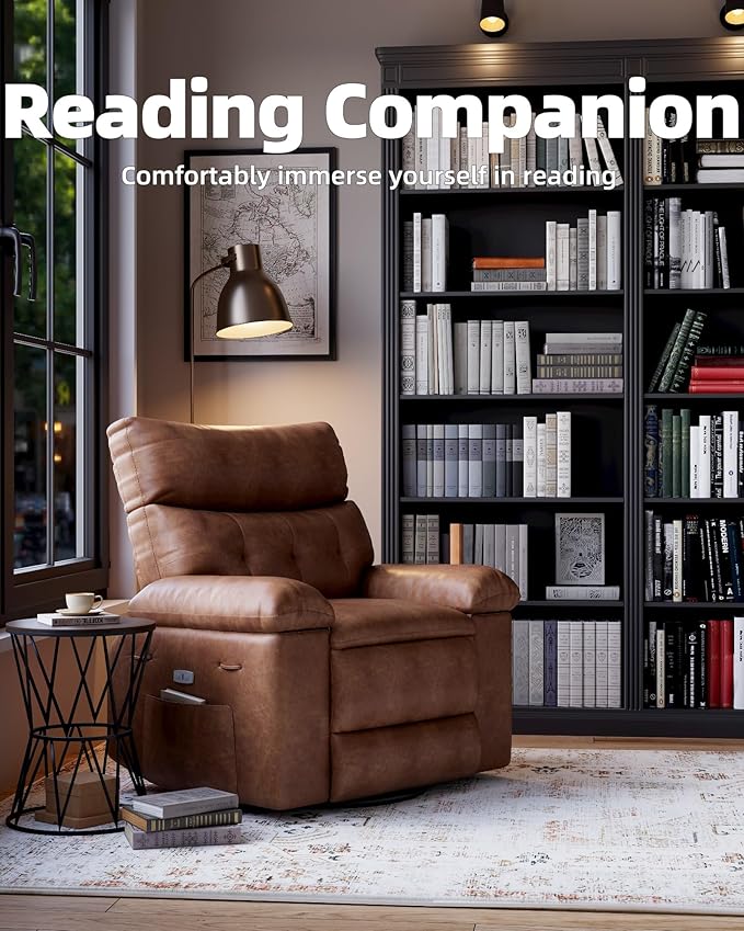 Oversized Electric Recliner Chair - 360° Rocker Swivel Recliner with Heat and Massage, PU Leather Large Power Recliner for Adults, Comfortable Lazy Chair with 1.5X Sponge Filling