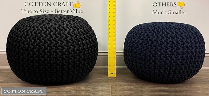 COTTON CRAFT Round Dori Pouf - Cotton Braid Cord Cable Knitted Ottoman - Foot Stool Footrest Floor Pouf Accent Furniture Bean Bag - Living Room Dorm Décor - 20.5 Dia x 13.5 High - Round Ivory Cream