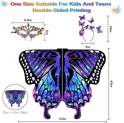 Butterfly Wings For Girls, Double-Sided Fairy Wings, Halloween Costumes for Kids, 3PCS Butterfly Cape Set.