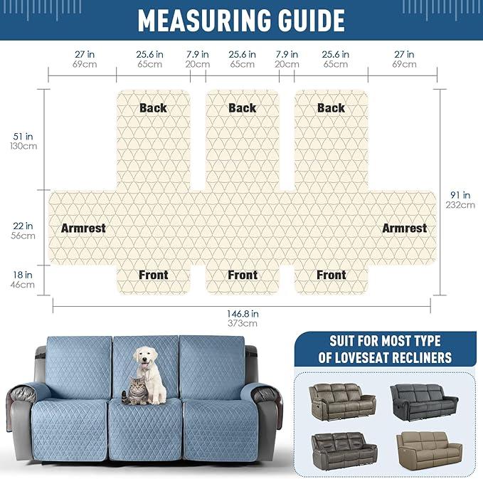 TAOCOCO 100% Waterproof Recliner Sofa Cover-Non Slip Split Couch Covers for Reclining Couches with Elastic Straps,Couch Covers for 3 Cushion Couch Sofa Pet Friendly(Sky Blue, 3 Seater)