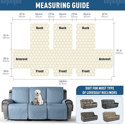 TAOCOCO 100% Waterproof Recliner Sofa Cover-Non Slip Split Couch Covers for Reclining Couches with Elastic Straps,Couch Covers for 3 Cushion Couch Sofa Pet Friendly(Sky Blue, 3 Seater)