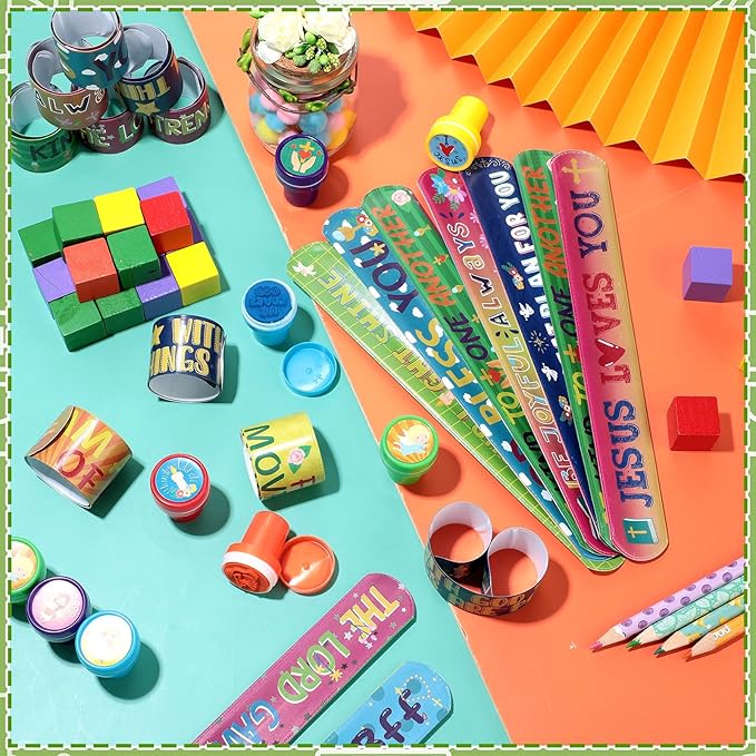 Jenaai 96 Pcs Religious Slap Bracelets with Stampers Bulk Assorted Jesus Love You Wristbands Christian Gifts for Kids Religious Prizes Bible Verse Party Favors for Sunday School Boys Girls