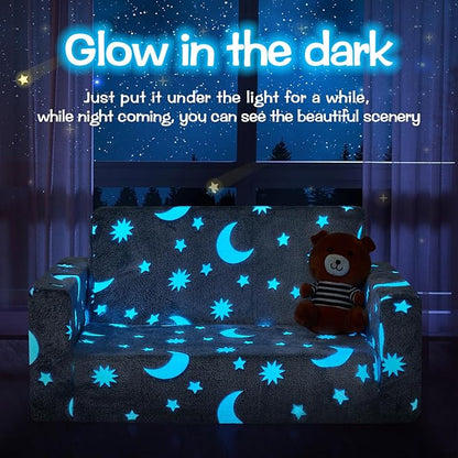 Toddler Couch, Toddler Chair Folding, Kids Couch 2 in 1, Kids Sofa for Playroom-Extra Soft 2 Seats, Glow in The Dark Open Couch, Gifts for Kids, Sleeper for Girls Boys, Grey Blue