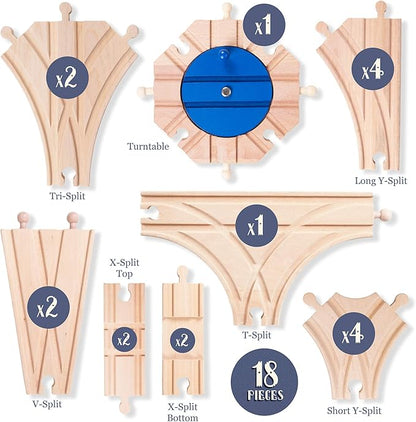 Switch Track Wooden Train Set (18 pcs.) - 8 Way Turntable Rail Station Accessory, Curved Switch Tracks, Basic and Advanced Pieces - Expansion Compatible with All Major Classic Toy Train Hobby Brands