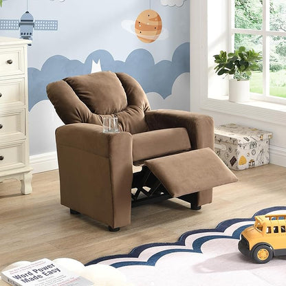21.3" Kids Recliner Chair,Toddler Armchair Upholstered Couch with Cup Holder, Backrest,Children Upholstered Seating Sofa w/Headrest and Footrest,for Child's Bedroom,Brown
