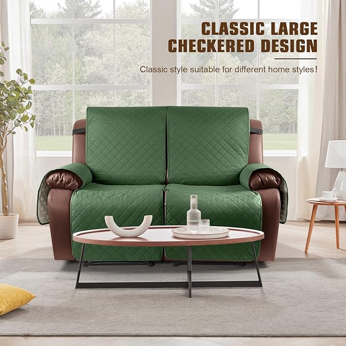 KinCam Waterproof Loveseat Recliner Cover, Non-Slip Reclining Couch Covers for 2 Seat, Recliner Sofa Cover Furniture Protector with Elastic Straps for Kids, Pets, Vine Green