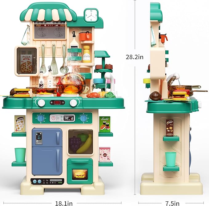 49Pcs Kitchen Playset for Boys & Girls, Kid Play Kitchen with Realistic Lights & Sounds, Spray Sink Toy Kitchen Accessories, Pretend Food Toys Kitchen for Toddlers(Green)