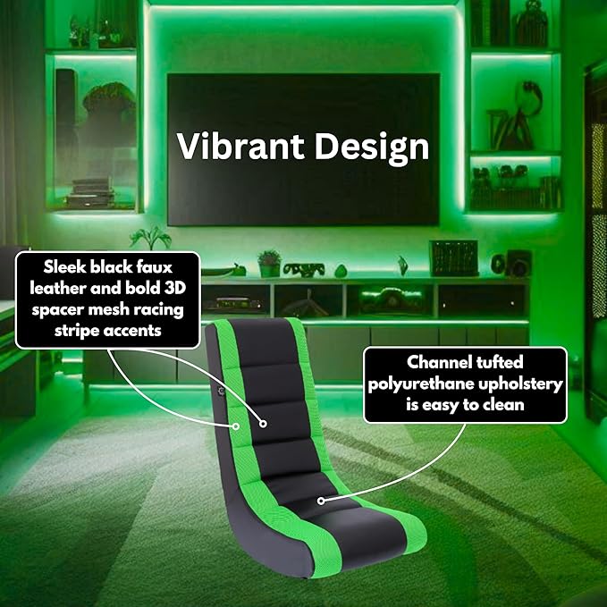 The Crew Furniture Classic Video Rocker Floor Gaming Chair, Kids and Teens, Racing Stripe PU Faux Leather & Polyester Mesh, Black/Green