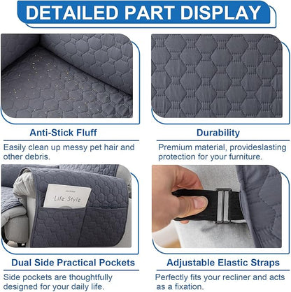 100% Waterproof Recliner Chair Covers That Stay in Place, Non-Slip Recliner Cover with 5 Pockets, Elastic Straps, Washable Reclining Chair Protector for Kids, Pets, Dogs (Grey, 30inch)