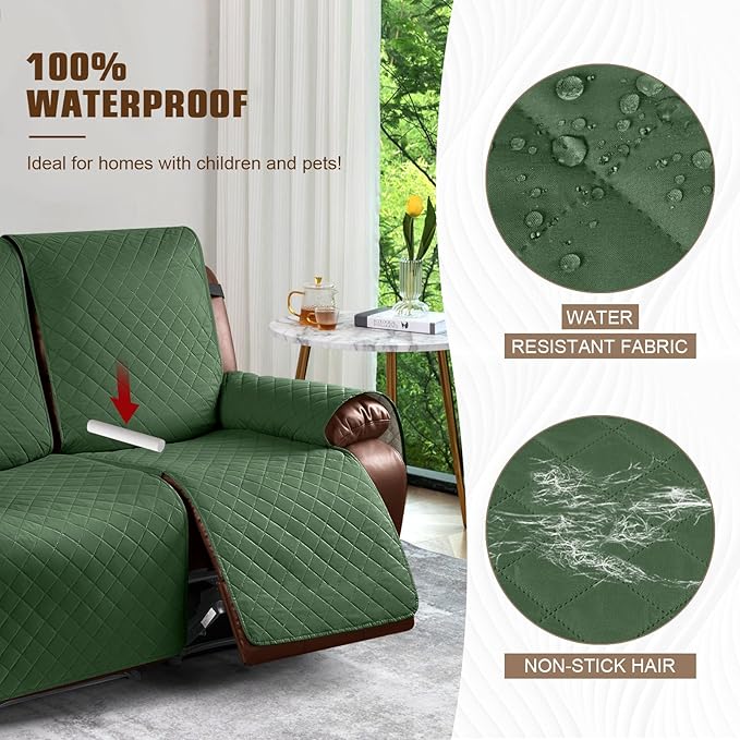KinCam Waterproof Loveseat Recliner Cover, Non-Slip Reclining Couch Covers for 2 Seat, Recliner Sofa Cover Furniture Protector with Elastic Straps for Kids, Pets, Vine Green