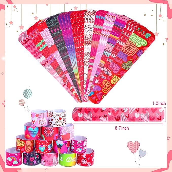 JUNEBRUSHS 56 PCS Valentines Slap Bracelets Valentine Day Party Favors Holiday Slap Wristbands Bulk Valentines Toys Prizes for Kids Girls Boys Birthday Party Supplies Classroom Prize