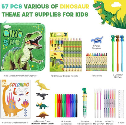 Fruit Scented Markers Set 57Pcs with Glitter Dinosaur Pencil Case & Stationery, Art Supplies for Kids Ages 4-6-8, Art Coloring Kits Box,Gifts Toy for Boys Age 5,7,Gel Pen,Pencil&Crayon Drawing Stuff