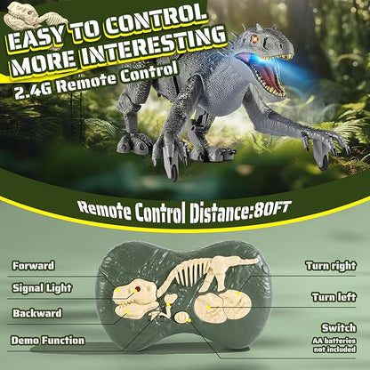 Remote Control Dinosaur, Realistic Dinosaur Toys for Kids 3-5, 2.4GHZ, Walking,Rechargeable, 3D Eyes, 3 Sound Effects, Demo Function, Jurassic Toys for Christmas, Kids 3+，Gray, Large Size